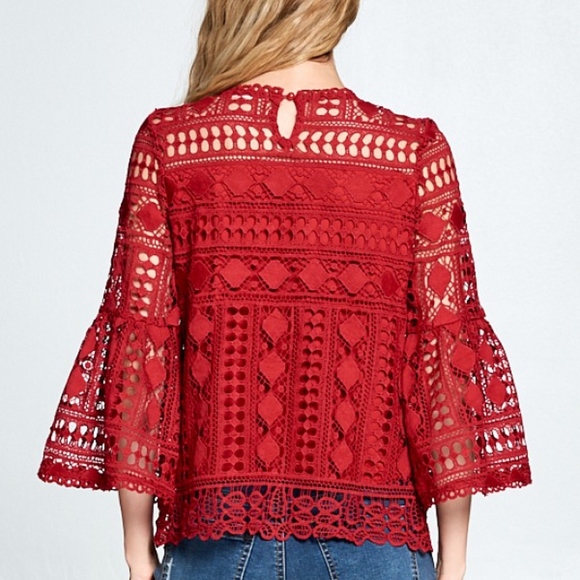 Last 1! NWT Red Lace Top with bell sleeves - Picture 4 of 5